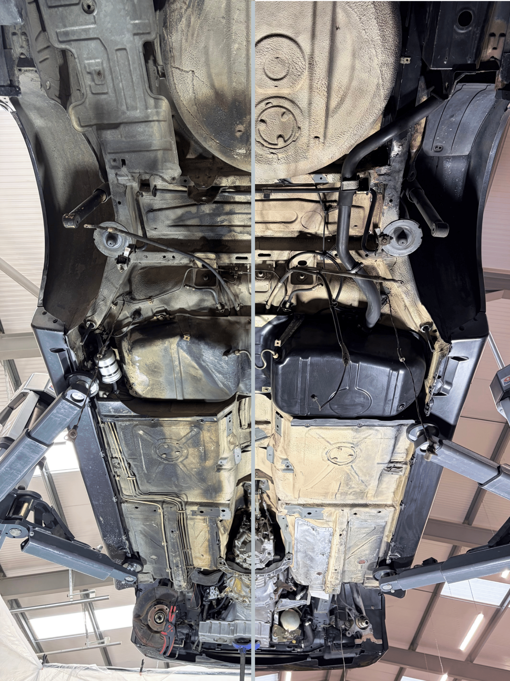 BMW E30 M3 underbody before and after dry ice blasting