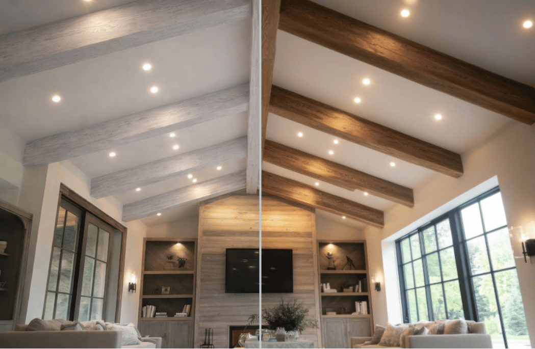 Before/After results of dry ice blasting wooden beams in house