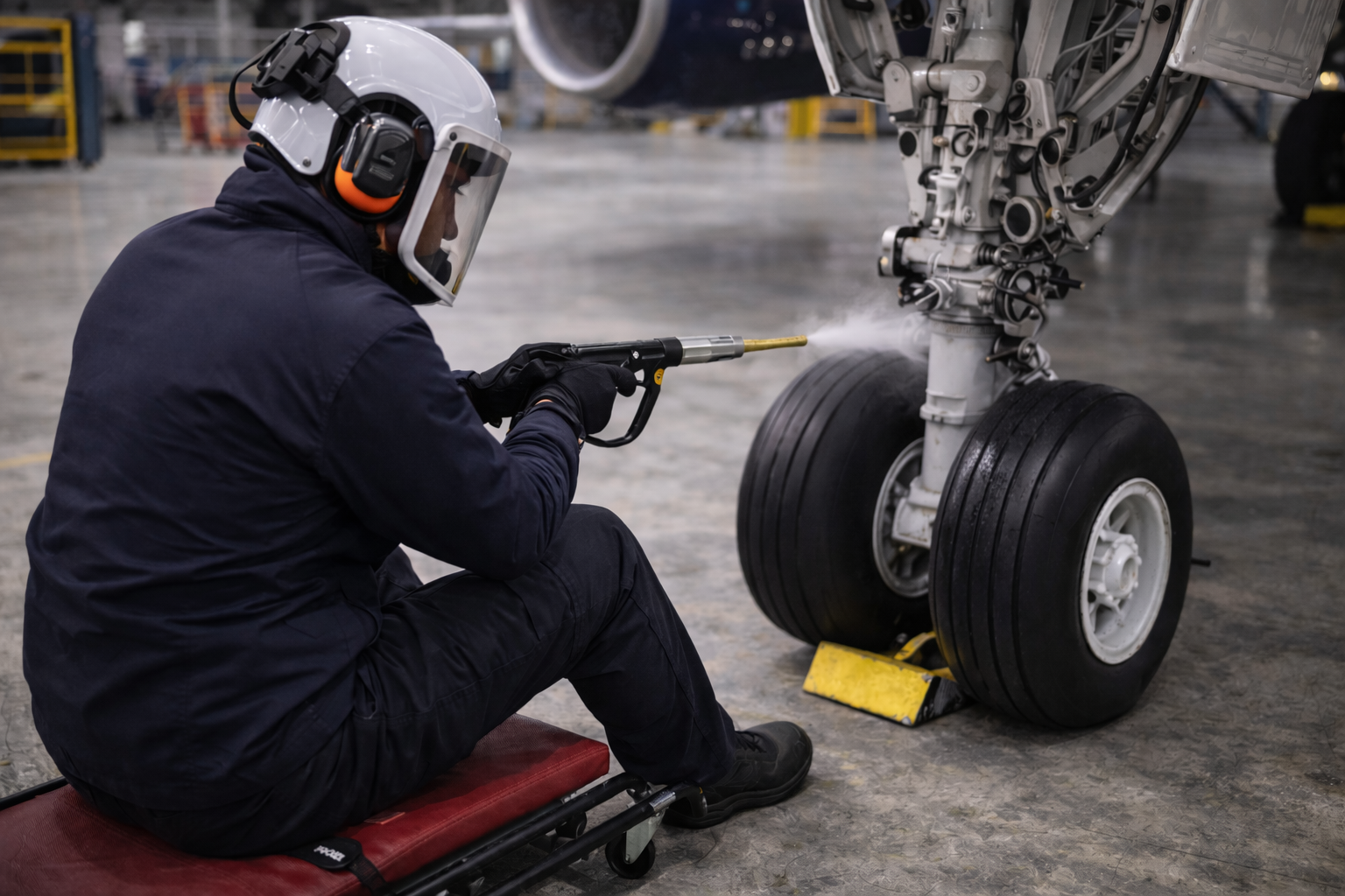 EVOGENIC technician cleaning airplane landing gear components using dry ice blasting