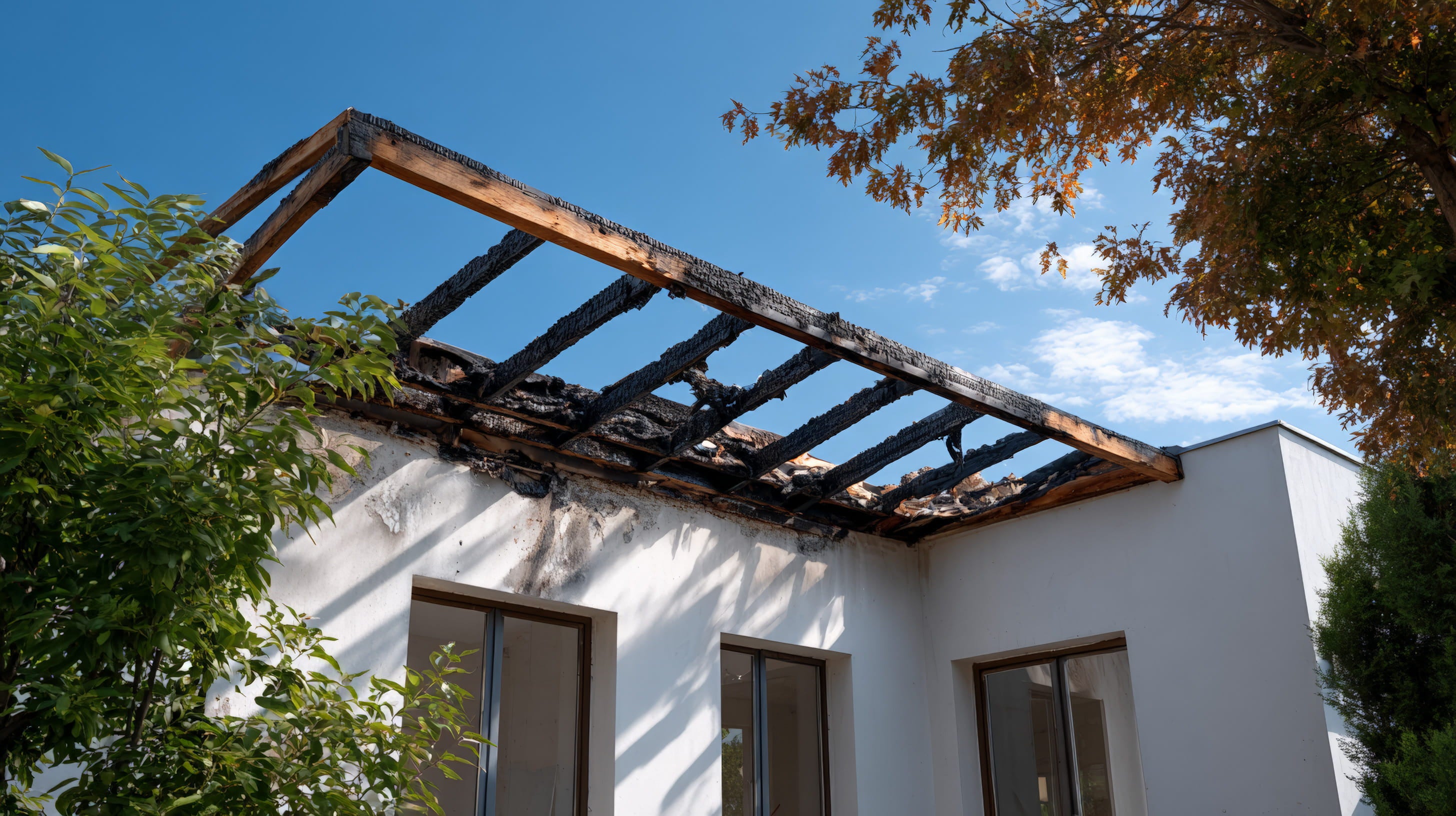 Property with fire damaged roof rafter beams
