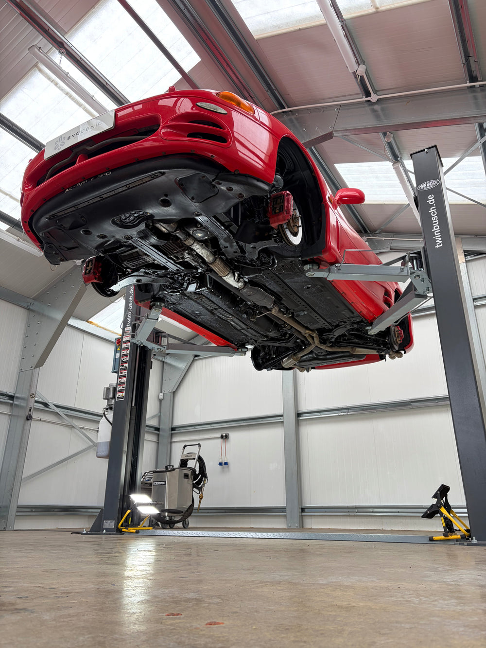 Mitsubishi GTO on lift after dry ice blasting and underbody protection